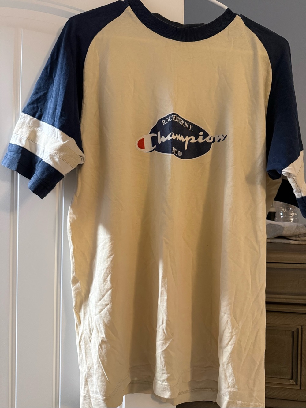 Champion Men’s Raglan Logo Tee in Cream and Navy Blue